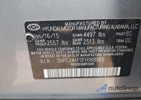 2015 Hyundai Sonata Se from USA, damaged, VIN 5NPE24AF0FH168985